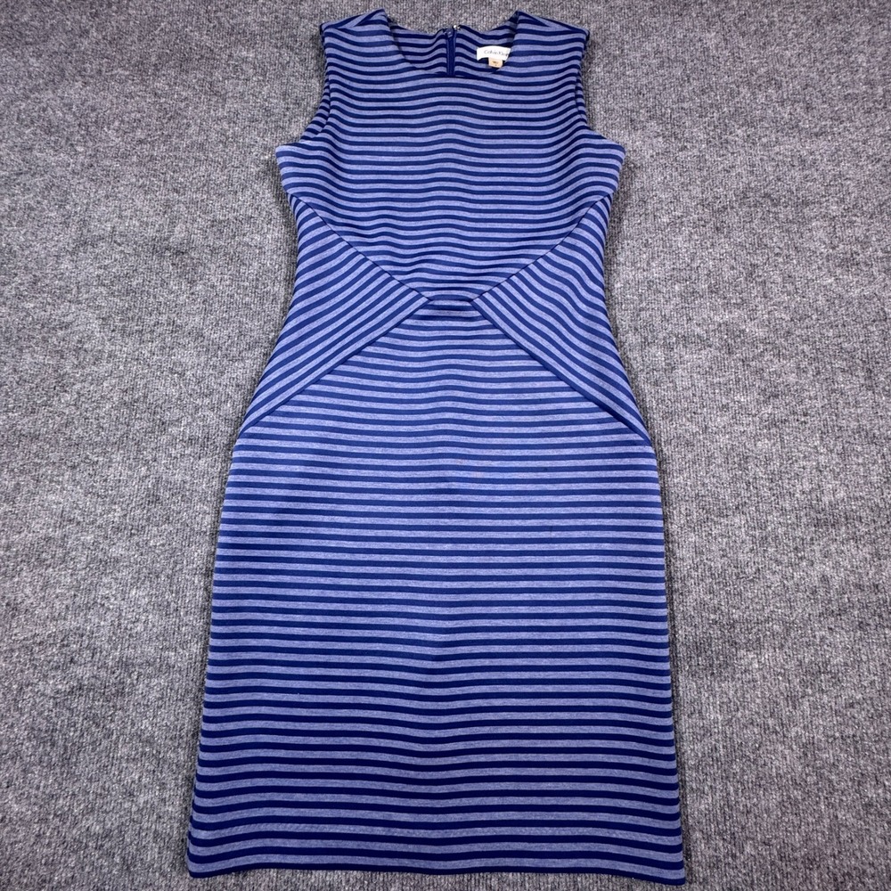 Calvin Klein Womens Blue Striped Sleeveless Sheath Dress Scuba Knit Size‎ 4